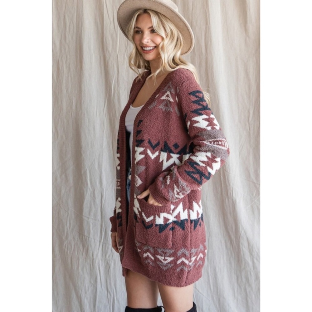 SOLD OUT Brick Fuzzy Blanket Aztec Tribal Native Western Boho Open Cardigan - Picture 6 of 7